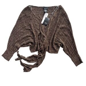 Mixit Woman 1X Brown Gold Metallic Open Knit Sheer Long Sl Cardigan Wrap Sparkle
